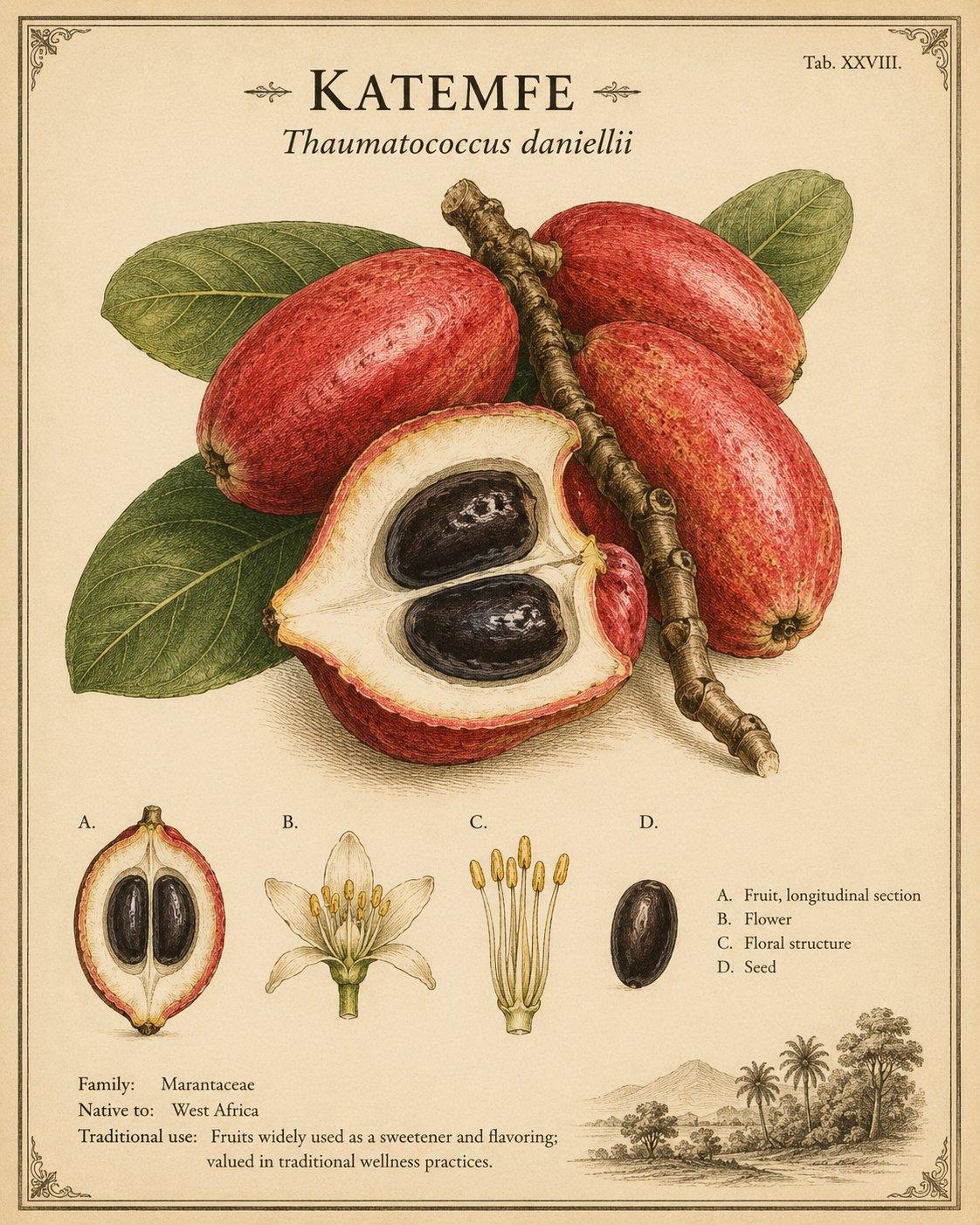 Katemfe fruit opened showing seeds and aril — the sweet aril contains thaumatin