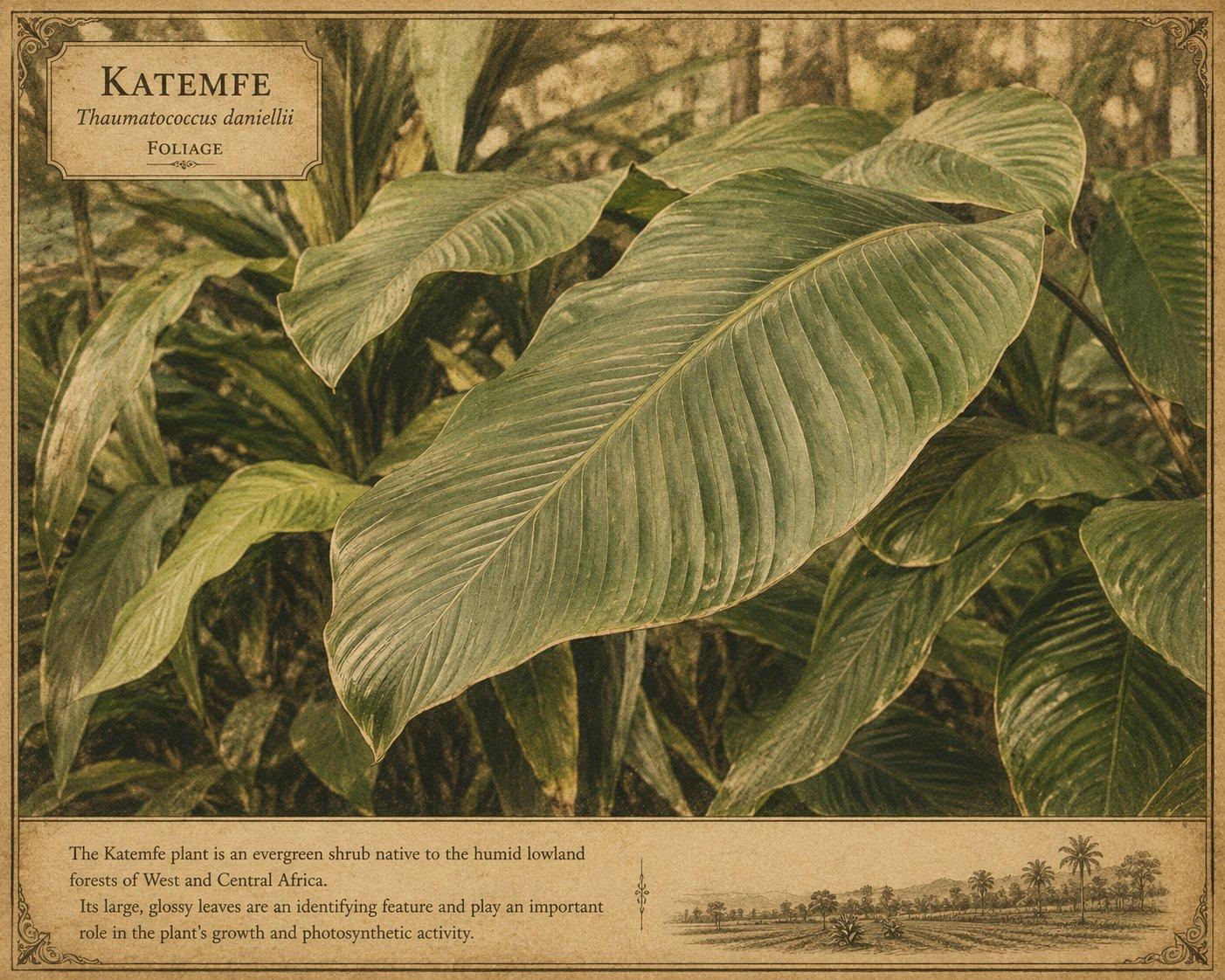 Katemfe plant foliage — broad glossy leaves of Thaumatococcus daniellii in West African rainforest