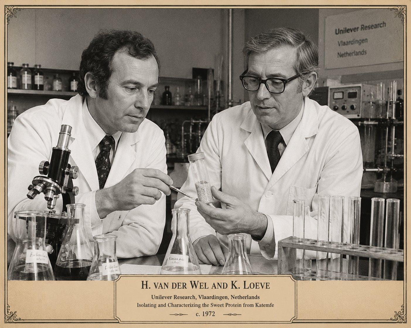H. van der Wel and K. Loeve at Unilever Research, Vlaardingen, isolating thaumatin c. 1972